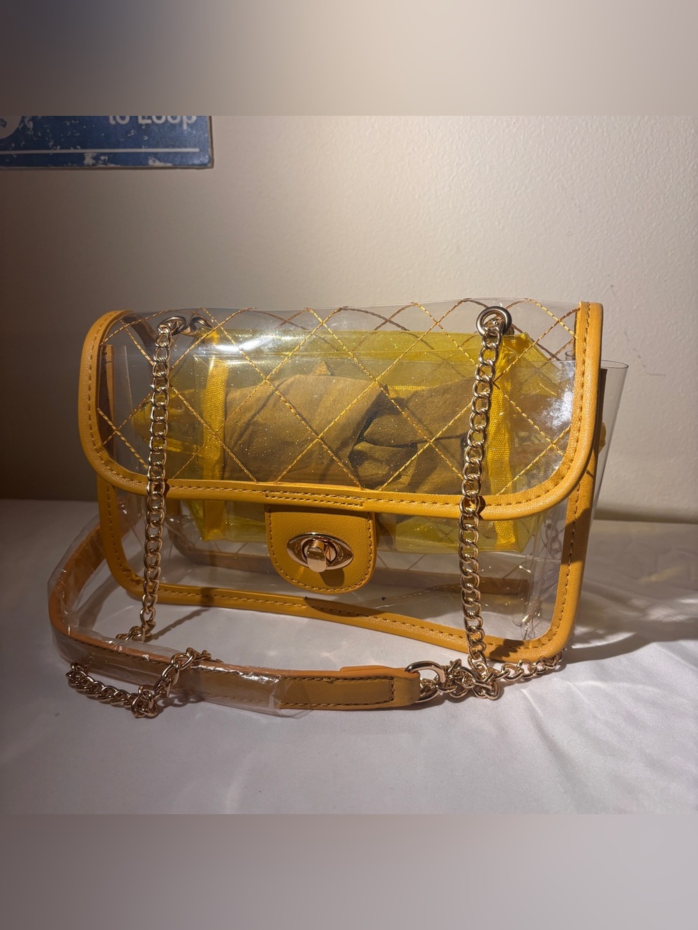 Clear PVC Crossbody/Shoulder Bag w/ Yellow Trim + Glitter Pouch - Stadium / TSA